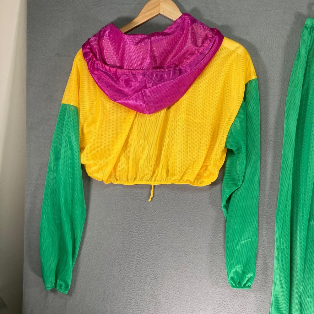 UO Yellow Green Pink Colorblock Mesh Cropped Zip Up Hoodie Pants Set L - Picture 8 of 14